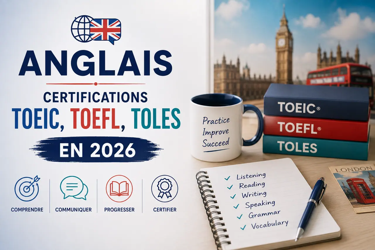 Formation Anglais — certifications TOEIC, TOEFL, TOLES en 2026 : programme, méthode, financement